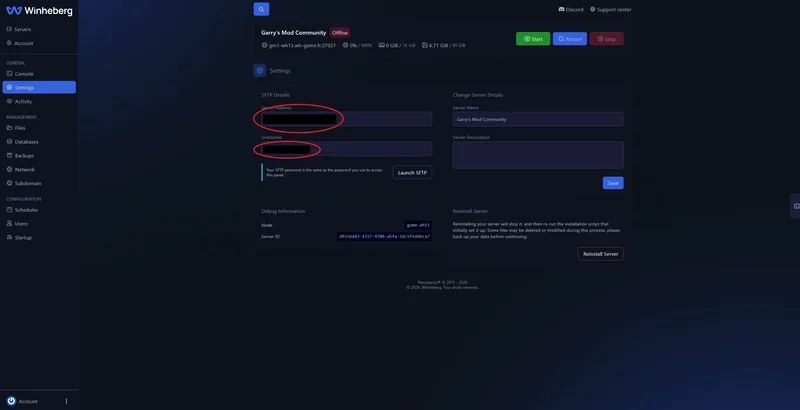 Section SFTP Details dans les paramètres du serveur
