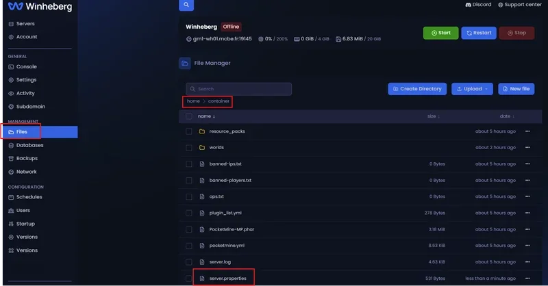 Accès à l'onglet File Manager sur le panel de gestion Winheberg