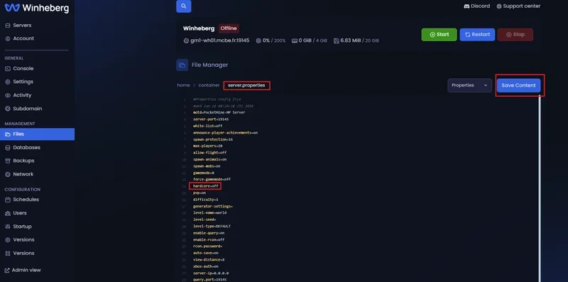 Modification de la variable hardcore dans le fichier server.properties