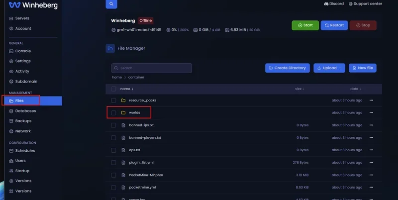 Accès à l'onglet File Manager sur le panel gaming Winheberg