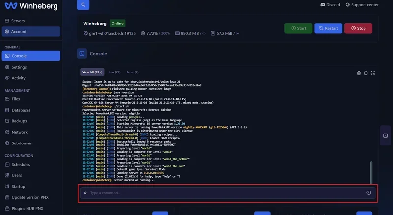 Accéder à la barre de commande de la console