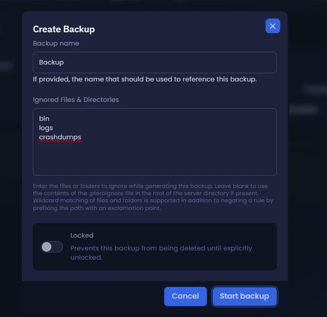 Configuration du nom et des dossiers ignorés dans la fenêtre Create Backup du panel gaming