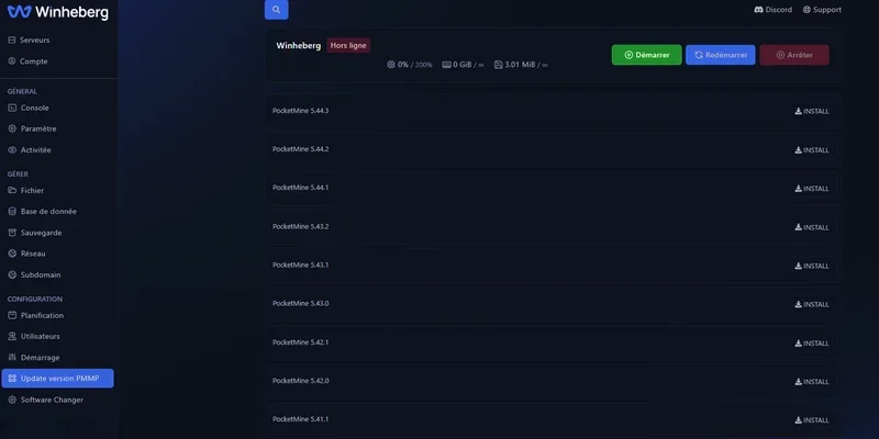 Liste des versions PocketMine disponibles dans le panel Winheberg avec bouton Install à droite de chaque version