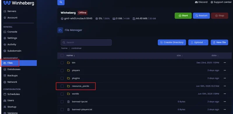Accès à l'onglet File Manager sur le panel gaming Winheberg