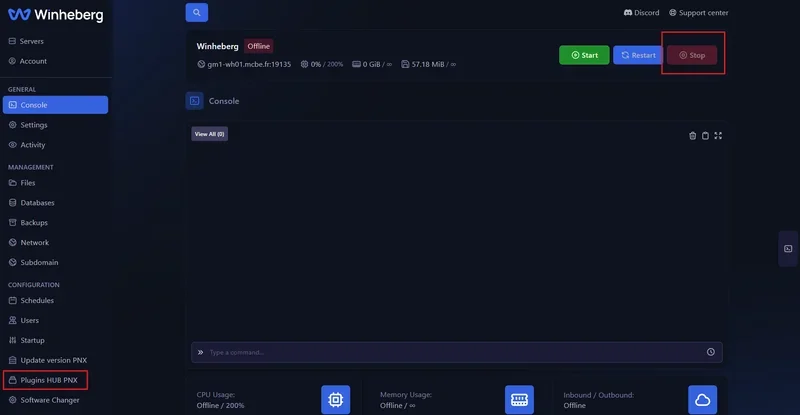 Arrêter le serveur et accéder au Plugins HUB PNX