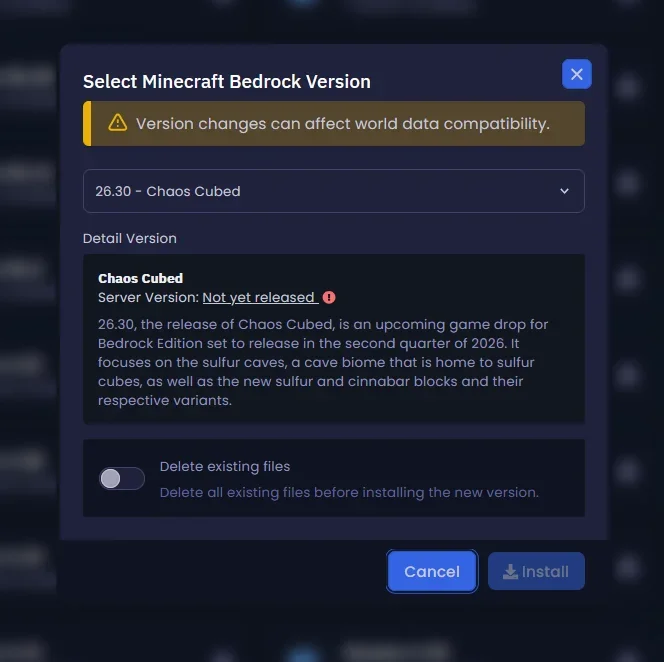 Fenêtre contextuelle de sélection de sous-version Minecraft Bedrock et options d'installation sur le panel Winheberg