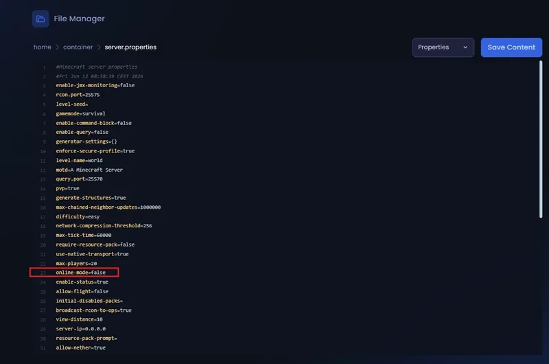 Modification de la ligne online-mode dans le fichier server.properties du panel gaming Winheberg