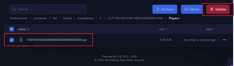 Suppression du fichier .sav du joueur Palworld dans le panel