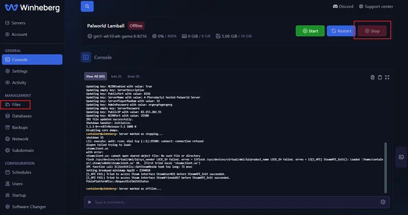 Arrêter le serveur Palworld et accéder à l'onglet Fichiers