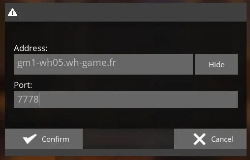 Saisie de l'adresse IP et du port du serveur Satisfactory