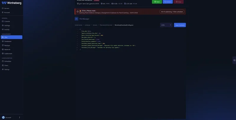 Éditeur de texte du panel affichant le fichier JSON