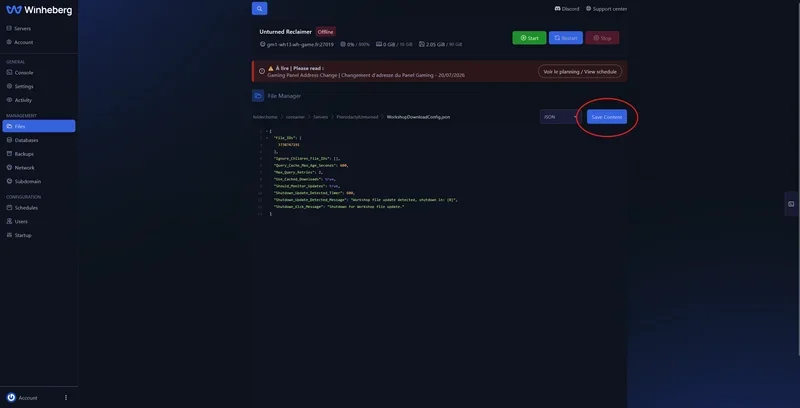 Bouton de sauvegarde du fichier de configuration