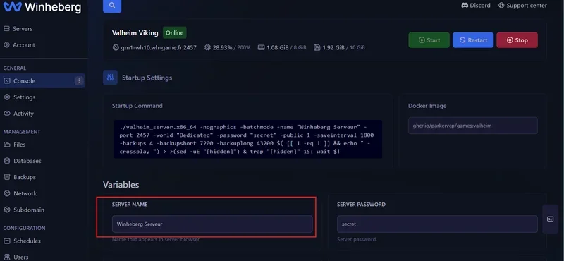 Informations de connexion IP, Port et nom du serveur sur le panel Winheberg