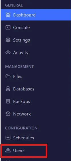 Accès à la gestion des utilisateurs dans le menu Configuration du panel gaming Winheberg