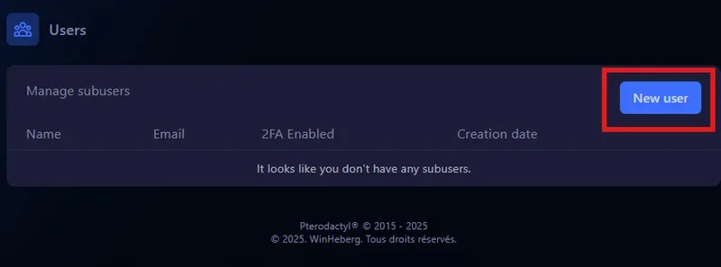 Bouton New User pour ajouter un sous-utilisateur sur le panel gaming Winheberg