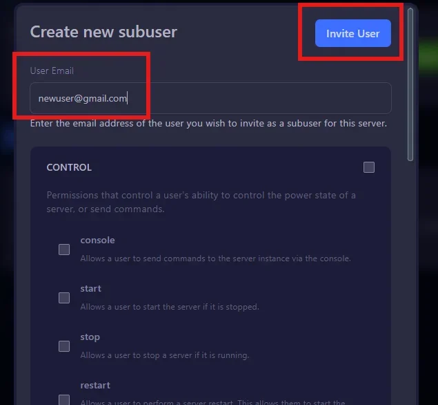 Formulaire d'ajout d'un sous-utilisateur avec email et permissions sur le panel gaming Winheberg