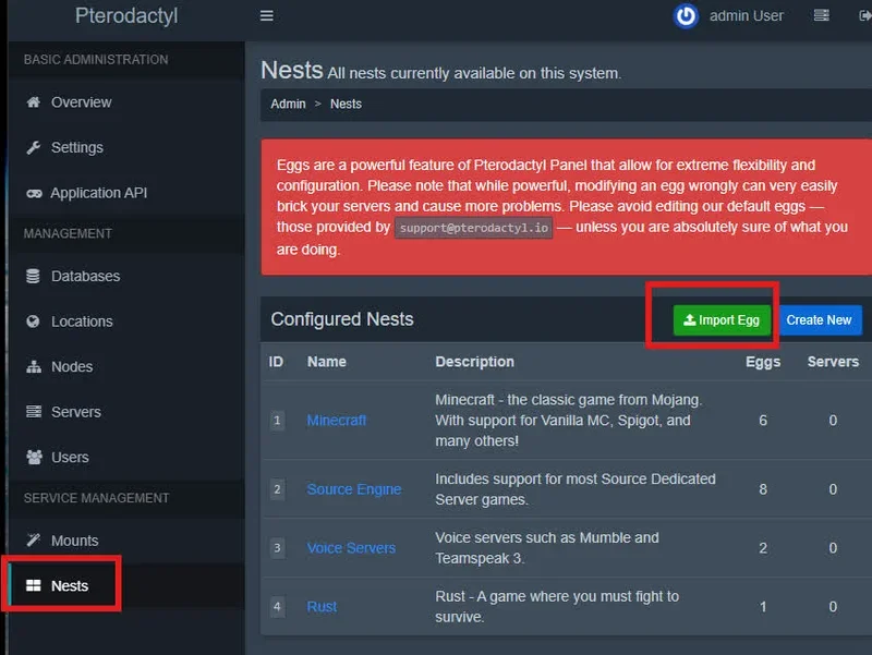 Gestion des nests Pterodactyl