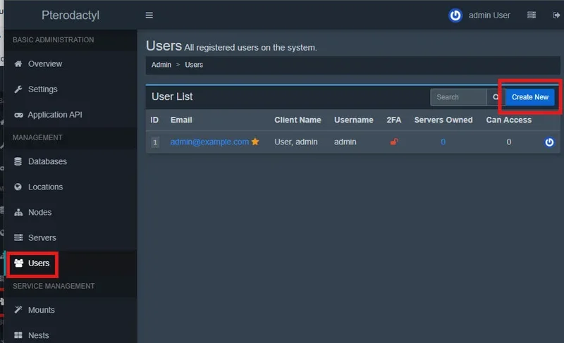 Section Users du panel administrateur Pterodactyl