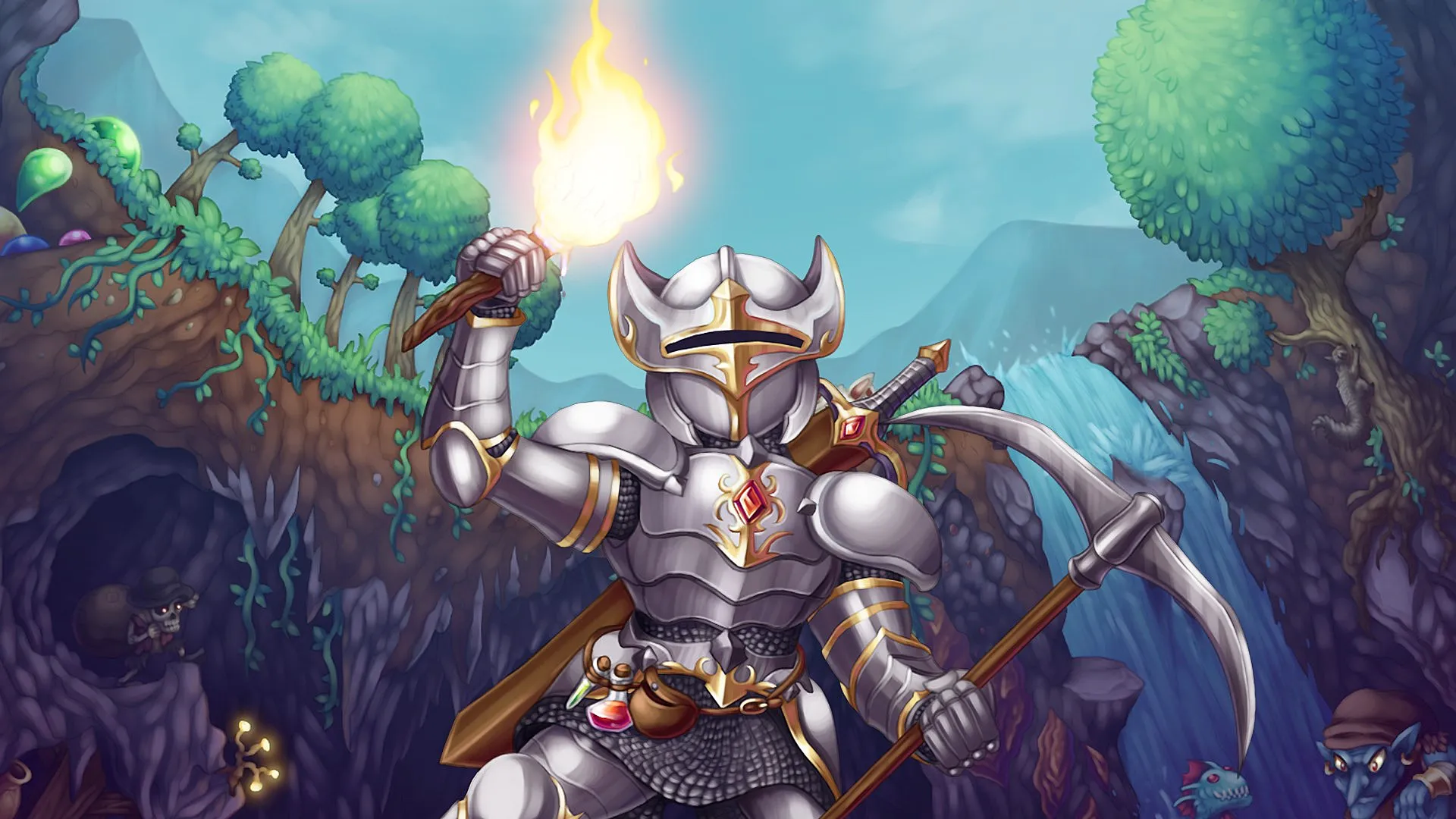 Terraria server hosting features with mod/plugin support for 2D sandbox adventure and PvP gameplay